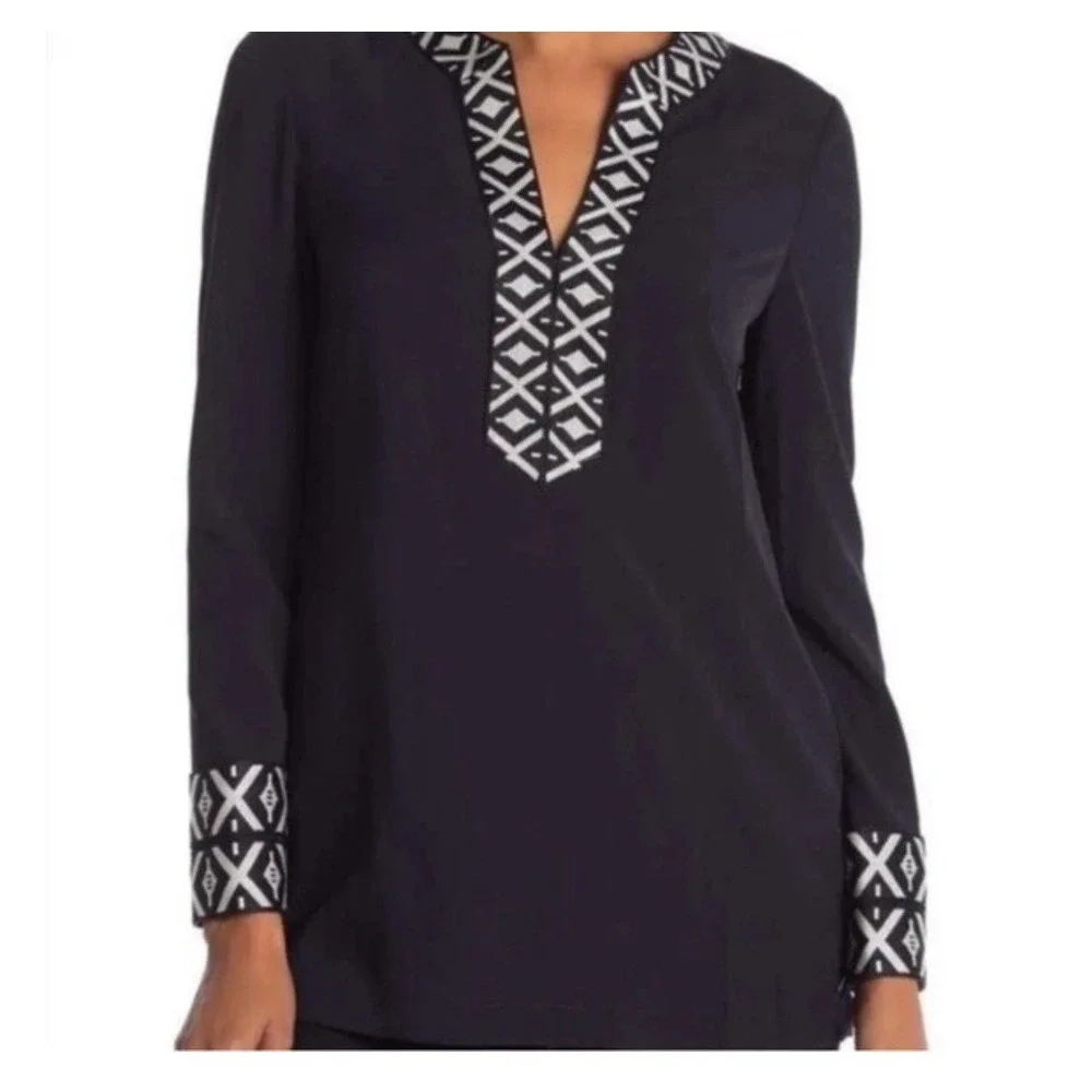 NWT $295 TORY BURCH Ariana‎ Tunic w/Taping 2 Navy Blue Caftan Resort Lightweight